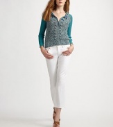 Playful pom-poms adorn this cozy design with solid rib-knit sleeves and open-weave back.Snap frontLong rib-knit sleevesAbout 20 from shoulder to hem42% acrylic/29% linen/16% polyamide/13%cottonDry cleanImported Model shown is 5'10 (177cm) wearing US size Small. 