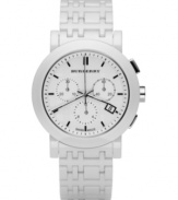 This Burberry watch features a white ceramic strap and round case. Chronograph white dial with black stick indices, logo, date window and three subdials. Swiss made. Quartz movement. Water resistant to 50 meters. Two-year limited warranty.