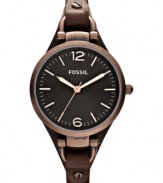 A thin leather strap holds a chocolate-hued case on this unique Georgia collection watch by Fossil.