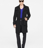 An exquisite construction of merino wool and cashmere, Black Label's modern trench coat delivers the sophistication of sleek tailoring with the sumptuous comfort of a ribbed-knit sweater.