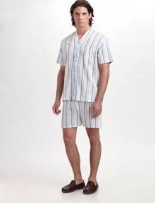 A remarkably comfortable shirt and shorts set made especially for summer with openweave stripes in breathable cotton. Machine wash. Imported.SHIRTFront button closure Chest patch pocketSHORTSSide elastic waist insets Two-button elastic waist Button fly No pockets Inseam, about 4 A remarkably comfortable shirt and shorts set made especially for summer with openweave stripes in breathable cotton. Machine wash. Imported.SHIRTFront button closure Chest patch pocketSHORTSSide elastic waist insets Two-button elastic waist Button fly No pockets Inseam, about 4