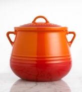 Designed to enhance the flavors of your signature baked beans, soups & stews, this uniquely shaped pot features a deep, round body that slowly & evenly circulates heat, plus a narrow neck that minimizes moisture and temperature loss. Durable stoneware dresses up your tabletop and adds a splash of charm to any setting. 5-year warranty.