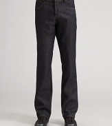 A sleek, dark wash cut straight through the seat and down the legs; ultimate versatility to dress up with a blazer or down with a polo. Five-pocket style Button fly Inseam, about 34 Cotton/elastane; machine wash Made in USA