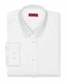Slim fit, long sleeved button front shirt with point collar. Rounded barrel cuffs. Invisible stitched shorter cuffs. Clean front, no pockets. . Slim fit, long sleeved button front shirt with point collar. Rounded barrel cuffs. Invisible stitched shorter cuffs. Clean front, no pockets. .
