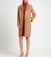 A band of supple leather elevates this elegant, season-perfect design.Notched lapelsConcealed button frontLeather waist insetWelt pocketsVented cuffsFully linedAbout 38 from shoulder to hem90% wool/10% cashmereDry cleanMade in Italy of imported fabricModel shown is 5'10 (177cm) wearing US size 4. 