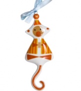 From the big top to the top of your tree, Jonathan Adler's circus monkey will be the star attraction at every holiday in glossy orange and white porcelain.