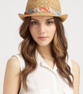 Classic structure and hand-woven straw gets colorful with a contrasting fabric band.Paper strawFabric band: 75% cotton/25% silkSnap brim, about 2Imported