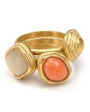 A bold contrast of coral and sandy colored resin beads, this gold-tone ring from T Tahari is an easy way to update every look.