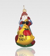 With attitude to match that of New York, this Santa wears glittering garb adorned with a fun and sparkling New York City collage, finely crafted of mouth-blown, hand-painted glass.Glass3.5H X 2.25W X 1.75DImported