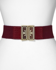 With gold-tone hardware, Tory Burch's elastic belt is a logo-stamped pick-up. For easy elegance, wear it over a classic day dress with gleaming extras.