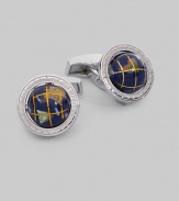 A sophisticated design for the world traveler in sterling silver with inlaid semi-precious stones that create the look of a globe. T-backing About ½ diam. Imported 
