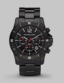 A sporty watch with three-eye chronograph functionality in stainless steel and black IP. Round bezel Water resistant to 10 ATM Date function at 4 o'clock Second hand Stainless steel case: 45mm (1.77) Deployment clasp Imported 