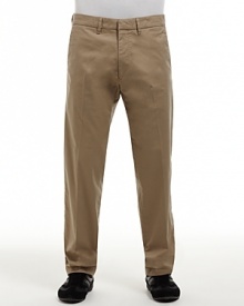 Lightweight stretch, basic twill pants. Flat front straight leg style with zip fly, tab closure. Side slit pockets and back welt pockets. Unlined. Lightweight stretch, basic twill pants. Flat front straight leg style with zip fly, tab closure. Side slit pockets and back welt pockets. Unlined.