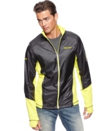 Fusing together flexibility with solid wind and moisture protection, this water-resistant Marmot jacket has a weather-adaptive hybrid fabric construction ideal for fickle conditions. Ultralight Pertex® Woven fabric protects the front torso from wind and wetness; durable DWR-treated stretch nylon in back and side panels keep you charging ahead. Fusing together flexibility with solid wind and moisture protection, this water-resistant Marmot jacket has a weather-adaptive hybrid fabric construction ideal for fickle conditions. Ultralight Pertex® Woven fabric protects the front torso from wind and wetness; durable DWR-treated stretch nylon in back and side panels keep you charging ahead.