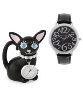 Never lose track of time with this adorable watch set. Includes a small clock in a cat silhouette with a 26mm dial.