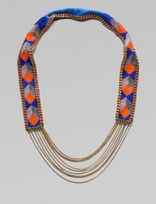 Colorful glass beads in striking geometric shapes cover a leather strap, edged in bold chains with delicate chains draped at the bottom.GlassLeatherGoldtoneCotton backingLength, about 18½Imported Colorful glass beads in striking geometric shapes cover a leather strap, edged in bold chains with delicate chains draped at the bottom.GlassLeatherGoldtoneCotton backingLength, about 18½Imported