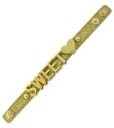 A sure sign of affection. BCBGeneration's affirmation bracelet is crafted from gold-tone mixed metal along a golden glitter band for a sparkling touch. Approximate length: 8 inches.