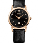 A casual timepiece for the understated gentleman. Watch by Hugo Boss crafted of black croc-embossed leather strap and round rose-gold tone stainless steel case. Black dial features applied rose-gold tone stick indices, date window at six o'clock, three hands and logo at twelve o'clock. Quartz movement. Water resistant to 50 meters. Two-year limited warranty.