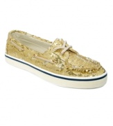 The next best thing to heels. Steve Madden makes casual look glamorous with these preppy Yacht boat shoes covered in sequins.
