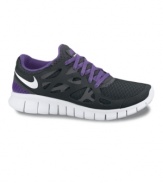 Feel free to get a great workout in Nike's Free Run+ 2 running sneakers. Made in lightweight mesh and environmentally-preferred rubber, they blend the flexible ease of barefoot running with the comfort and protection of athletic shoes.
