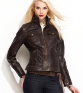 Motorcycle style made modern: GUESS' leather jacket tailors this iconic look for a woman's shape.