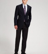 The essential trouser in 100% wool with micro rib design. Quarter top pockets Zip fly Unfinished hem Wool; dry clean Imported