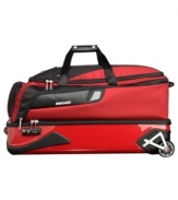 In a race of its own-Tumi and Ducati partner to change the face of travel with this sleek and innovative design. Life on the fast track demands sophisticated, innovative and bold solutions, which this fully-stocked duffel puts on the map. Ready for any adventure with a split construction that lets you separate your belongings and a rolling construction that follows your lead. 5-year warranty.