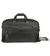 Truly travel light with a duffel that weighs 25-35% less than others in its class while still offering a roomy interior stocked for convenience with a removable garment sleeve and other organizational features. Tumi quality assurance warranty.