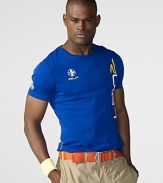 A sporty cotton jersey tee is adorned with vibrant race-inspired graphics for a modern, athletic look.