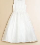 The darling of every special occasion, tailored in satin with an organza skirt and a lovely hand-beaded cummerbund. Natural waist with hand-beaded cummerbundBack organza bowHidden back zipperFully linedPolyesterDry cleanImported