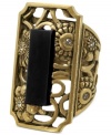 Dazzling with the details. T Tahari's intricately designed stretch ring, part of its Deco Lace Collection, is crafted from gold-tone mixed metal with glass accents and a black stone adding a stylish touch.