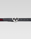 An adjustable, signature web fabric belt with leather trim and heart-shaped, interlocking G buckle.Heart-shaped, interlocking G bucklePalladium finish hardwareAbout ¾ wideSignature elastic web fabric and leatherMade in Italy