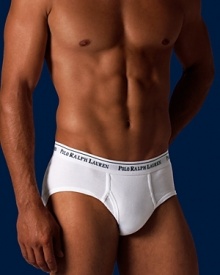 Three pack of 1x1 rib cotton low rise briefs with signature woven logo waistband.