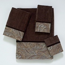 Luxurious velour decorative towel is embellished with a woven classic paisley border design in browns and blues. The border is finished off with a coordinating brown velvet ribbon. Luxurious velour decorative towel is embellished with a woven classic paisley border design in browns and blues. The border is finished off with a coordinating brown velvet ribbon.