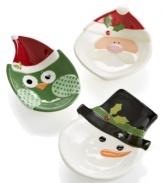 Irresistibly cute and cartoonish, these figural candy bowls set the tone for a holly, jolly Christmas. An owl, Santa and snowman pop in bright, fun colors to complement Christmas Cut-Outs dinnerware.