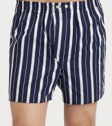 Utterly soft cotton with fine statin stripes and an adjustable waist for added comfort. Two-button elastic waistbandInseam, about 3½CottonMachine washImported