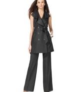Nine west interprets the trench silhouette for spring, opting for a sleeveless look with a chic ruffled collar. The self-tie belt adds definition to this sophisticated pant suit.