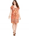 Score boho style with One World's short sleeve plus size dress, showcasing a sublimated-print.