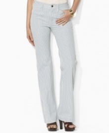 Lauren Jeans Co.'s vintage-inspired railroad-striped denim is constructed into a chic wide-leg pant, which is finished with laced detailing at the back of the waist for a modern element.