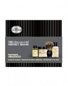 The 4 Elements of The Perfect Shave® combine The Art of Shaving's aromatherapy based products, handcrafted accessories and expert shaving technique to guarantee optimal shaving results while relieving and preventing ingrown hairs, razor burn, tough beard and sensitive skin. The Full Size Kit offers Pre-Shave Oil (2 fl. oz), Shaving Cream (3 oz), After Shave Balm (4 fl. oz), and a Pure Badger Shaving Brush. Unscented and hypoallergenic The 4 Elements of The Perfect Shave® combine The Art of Shaving's aromatherapy based products, handcrafted accessories and expert shaving technique to guarantee optimal shaving results while relieving and preventing ingrown hairs, razor burn, tough beard and sensitive skin. The Full Size Kit offers Pre-Shave Oil (2 fl. oz), Shaving Cream (3 oz), After Shave Balm (4 fl. oz), and a Pure Badger Shaving Brush. Unscented and hypoallergenic