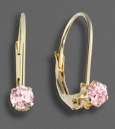 Little girls love to be pretty in pink. These leverback earrings feature round-cut pink cubic zirconia accents set in 14k yellow gold.