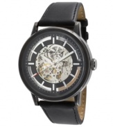 Watch time unfold on this exposed timepiece by Kenneth Cole New York. Black leather strap and round black ion-plated stainless steel case. Black skeleton dial features white stick indices, logo and three self-winding hands. Automatic movement. Water resistant to 30 meters. Limited lifetime warranty.