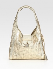 Intricately-woven leather takes on a metallic sheen in this slouchy carryall.Top handle, 8½ dropFlap top closureOne inside zip pocketTwo inside open pocketsSuede lining12W X 11H X 3DMade in Italy Intricately-woven leather takes on a metallic sheen in this slouchy carryall.Top handle, 8½ dropFlap top closureOne inside zip pocketTwo inside open pocketsSuede lining12W X 11H X 3DMade in Italy