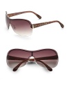 These metal frames are contrasted with plastic temples. Available in gold brown with brown gradient lens and gray black with dark gray gradient lens. Logo temples 100% UV protection Imported 
