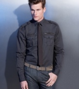Mix and mingle a rugged blue-collar shirt from INC International Concepts with an upscale tie and dark jeans for true high-low contrast.