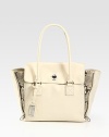 Sumptuous leather in a roomy top-handle carryall, finished with expandable zip gussets that reveal luxe snake-embossed leather panels.Double top handles, 7 dropTurnlock flap closureOne inside zip pocketTwo inside open pocketsOne money clipOne pen holderFully lined18½W X 11½H X 5DImported