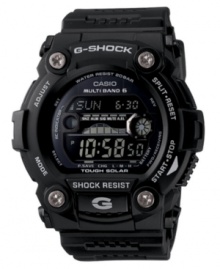 Take on any adventure with this stylish black sports watch from G-Shock. Black resin strap and round case. Shock-resistant, digital display dial with solar power, atomic timekeeping, tide and moon graphs, backlight with afterglow, world time, alarm, stopwatch and logo. Quartz movement. Water resistant to 200 meters. One-year limited warranty.