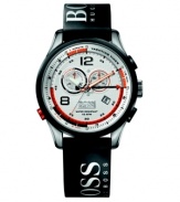 The ultimate watch for a sailor at heart, by Hugo Boss. Black, branded rubber strap (featuring the Hugo Boss boat's racing number of 99) and round stainless steel case with black rubber-coated bezel. Checkered white dial features black numerals at twelve and eight o'clock, luminous hands, reverse-graduated countdown scale, well-defined counters, clear-cut color-coding and logo. Back engraved with depiction of Hugo Boss boat. Quartz true regatta movement with audible alarm. Water resistant to 100 meters. Two-year limited warranty.