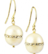 Elegance defined. These pretty drop earrings combine cultured freshwater pearls (10 mm) and cubic zirconia accents in a polished 18k gold over sterling silver setting. Approximate drop: 1 inch.