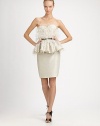 Dramatic and sculptural, rendered in a cotton/silk blend and accented with a feathered, ruffled peplum.Strapless sweetheart necklineLace trimAttached feathersSlender bow beltRuffled peplumBack ventConcealed back zipSilk liningAbout 23 from natural waist73% cotton/27% silkDry cleanMade in USA of imported fabricModel shown is 5'11 (180cm) wearing US size 4. 